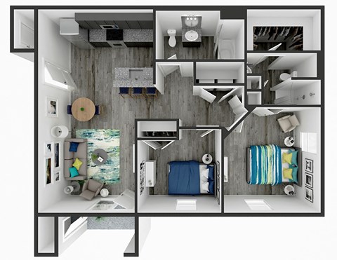 Floor plan for 2 beds, 2 baths, 1023 sqft